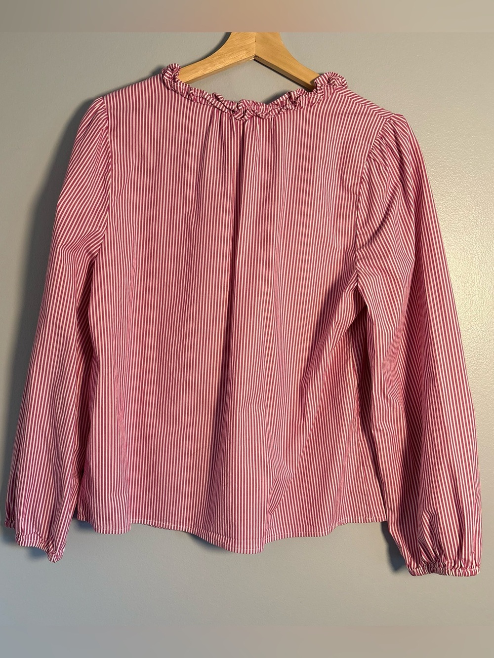 J.Crew Raspberry red and white Striped Ruffle Neck Blouse-size Medium - Picture 2 of 10